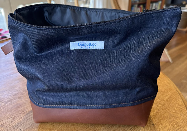 Denim Washbag with Leather Base