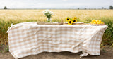 Table with checkered tablecloth set outdoors in a field