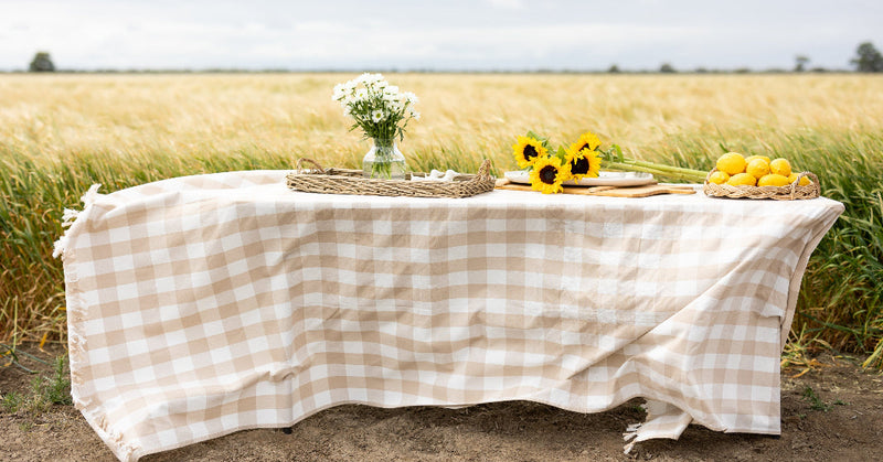Table with checkered tablecloth set outdoors in a field